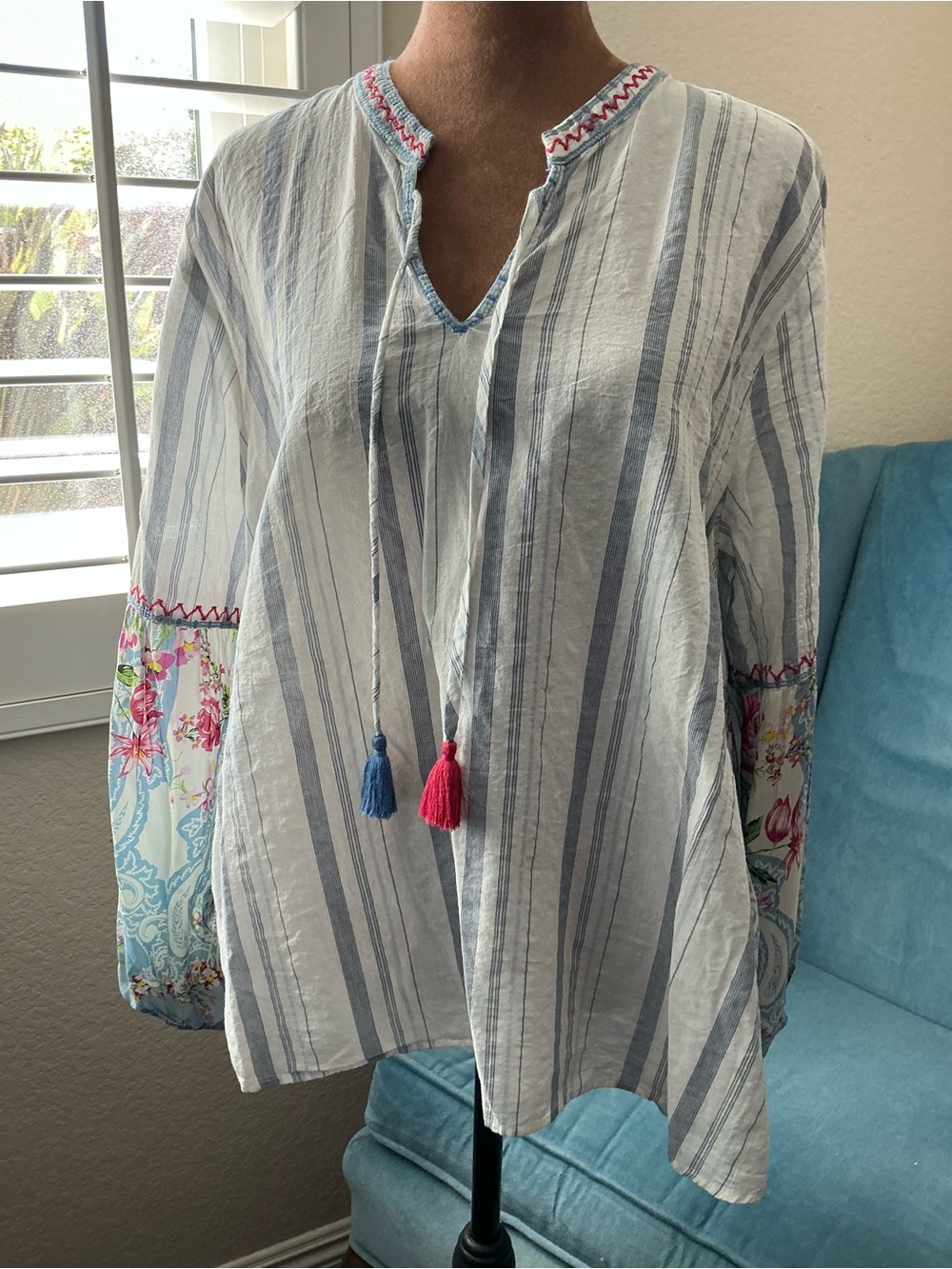 Johnny Was Workshop Blue and White Striped Peasant Tunic with Embroidered Sleeve